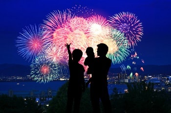 silhouette of children and man watching fireworks