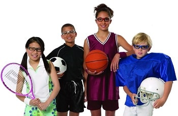 group of children wearing sports eye glasses